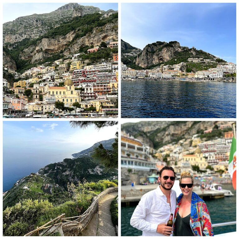 Amalfi Coast day trip collage: Positano and Amalfi from the water, the coastal view from Ravello, and us on the boat