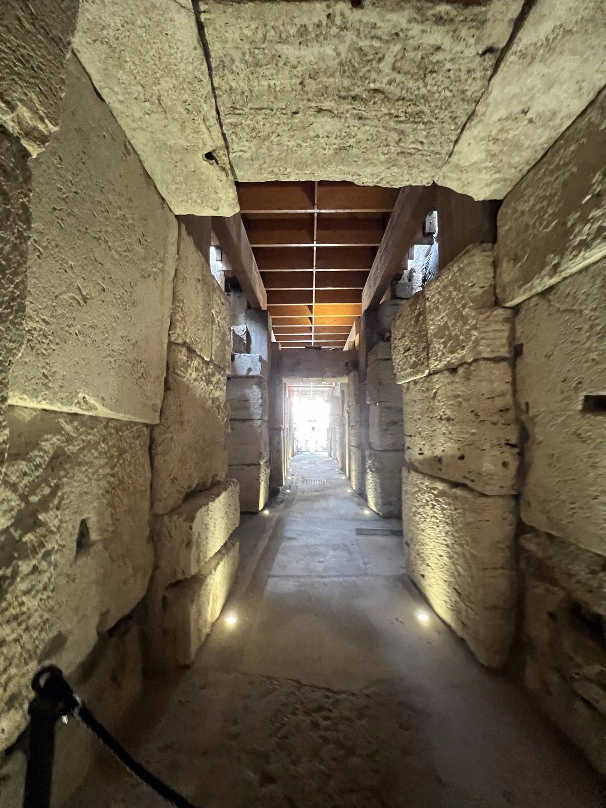 A stone tunnel in the underground chambers beneath the Colosseum