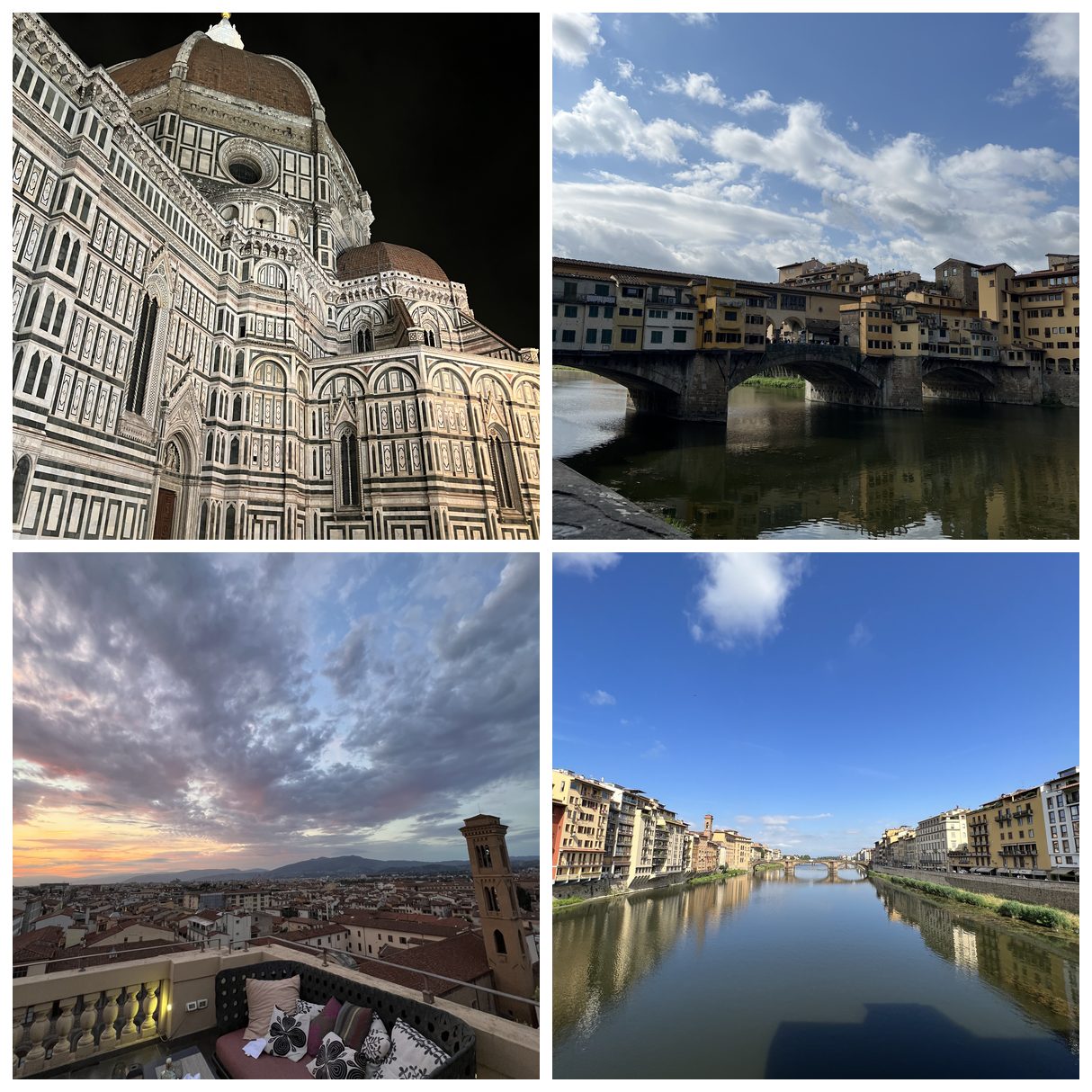 Florence travel collage: the Duomo, Ponte Vecchio, the Arno, and a rooftop sunset over the city
