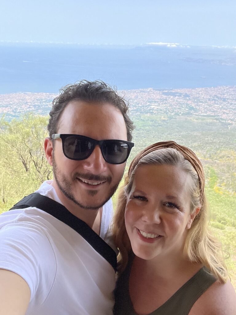 Hiking the crater rim of Mount Vesuvius above the Bay of Naples
