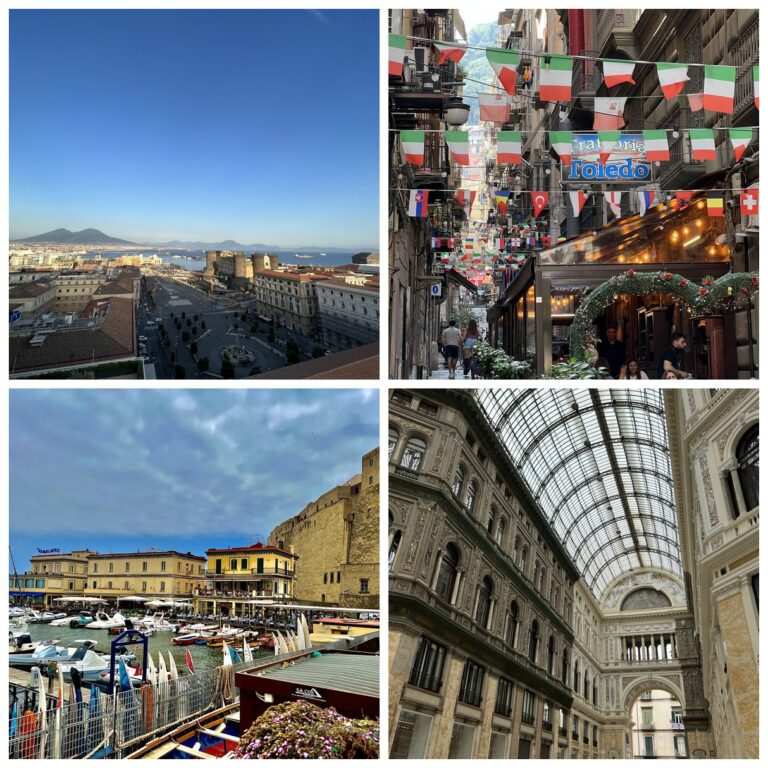 Where to stay in Naples: the skyline with Vesuvius, the Spanish Quarter, Castel Nuovo marina, and Galleria Umberto
