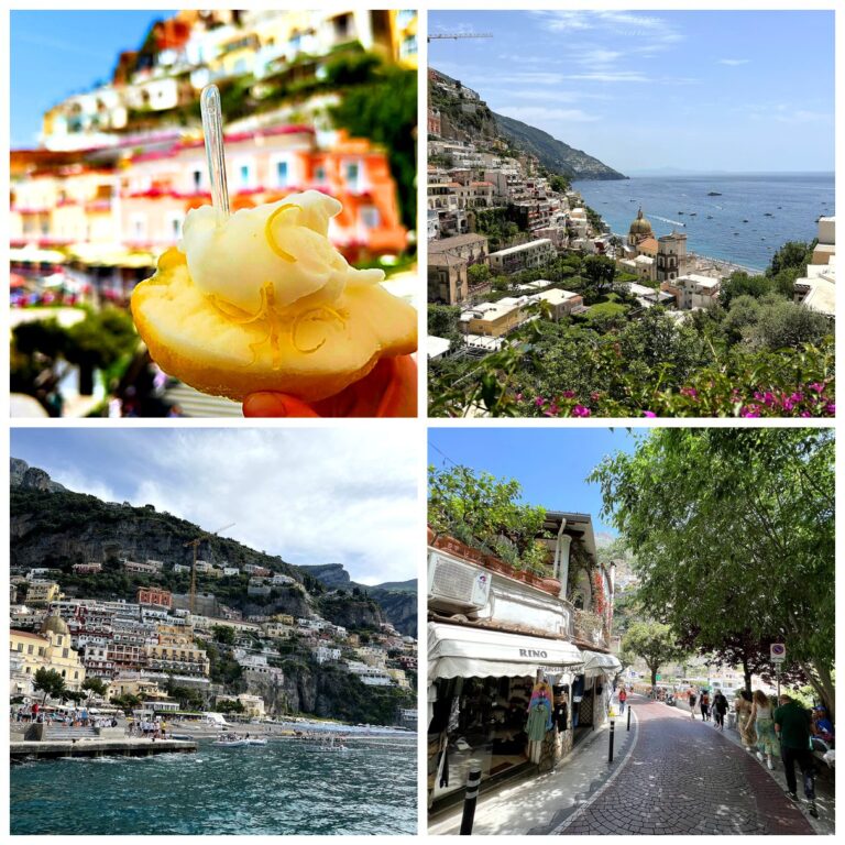 Positano collage: a lemon dessert, the church dome and cliffside, the town from the water, and a shopping street on the Amalfi Coast