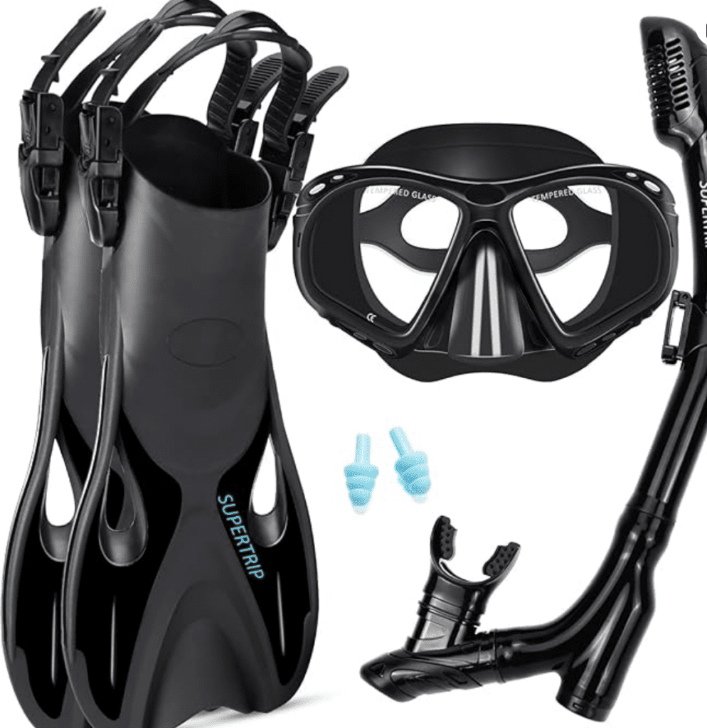 Snorkel set mask fins beach vacation essentials