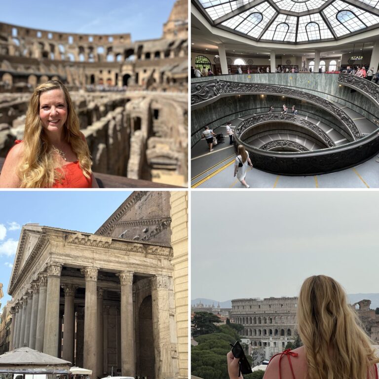 Things to do in Rome: the Colosseum arena, the Vatican Museums spiral staircase, the Pantheon portico and the view over the city from the Altare della Patria