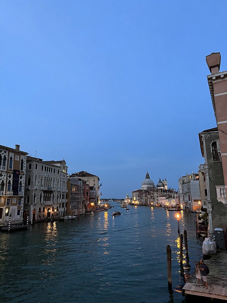 Grand Canal at dusk with lights reflecting on the water, Venice