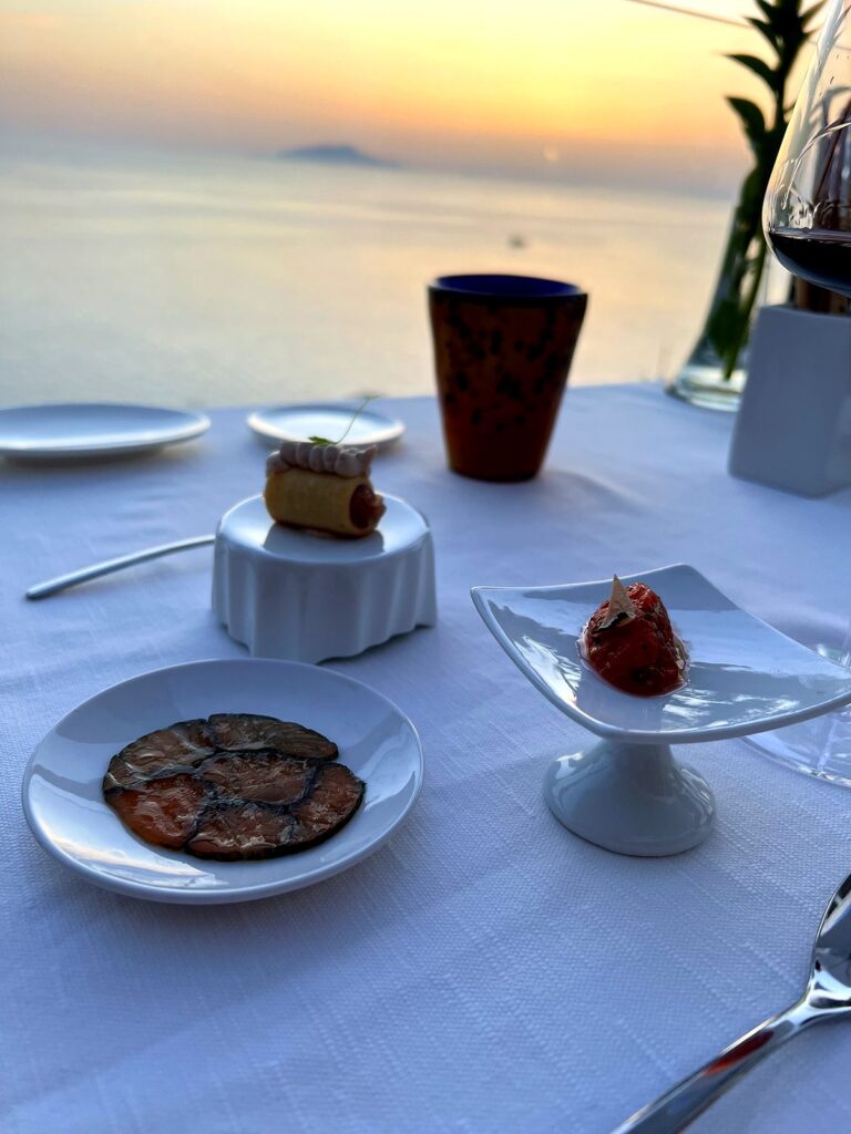 Plated fine-dining course at Art Hotel Villa Fiorella near Sorrento on the Amalfi Coast